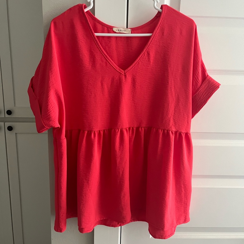 Entro V-Neck Peplum/babydoll Tunic - coral